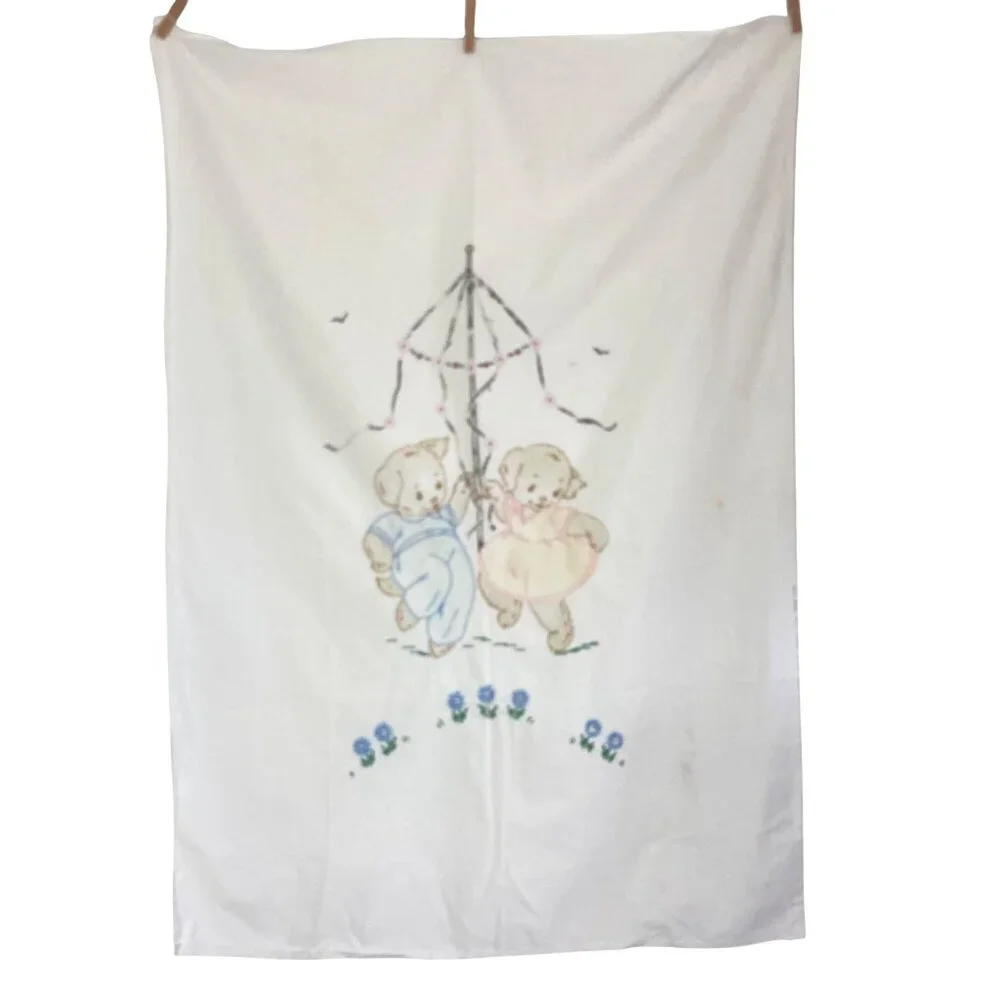Vintage Hand Embroidered Applique Baby Crib Sheet Cover Puppies Dancing Maypole